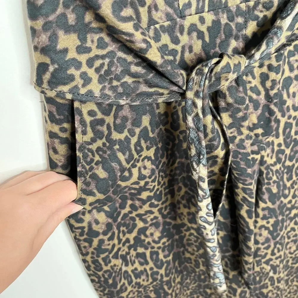 Banana Republic Womens Linen Blend Wide Leg Jumpsuit 6 Green Leopard Belted Tie